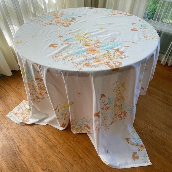 Vintage 70s flat sheet, peach, blue, yellow floral pastel full/double size bed - Picture 1 of 8